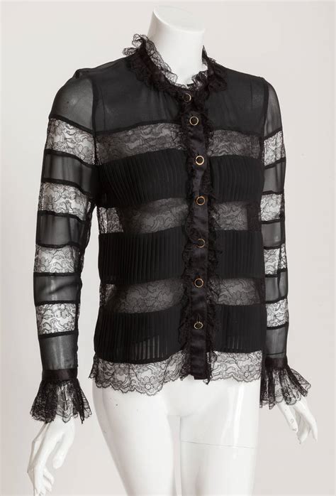 chanel black silk long sleeve sheer blouse|Chanel silk blouses.